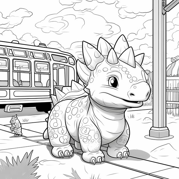 Premium ai image dino bus adventure coloring page for kids with a triceratops twist