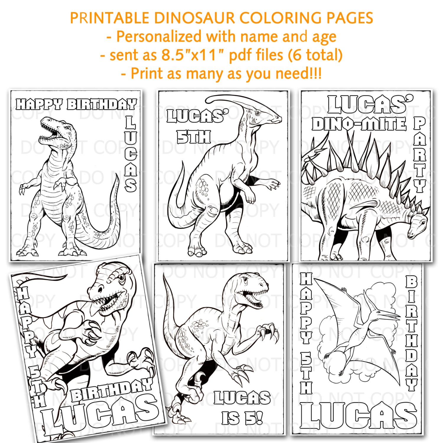 Printable personalized dinosaur coloring pages