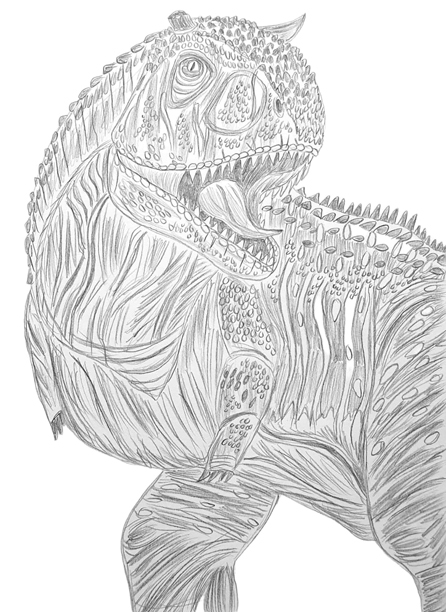 Caldey draws a carnotaurus