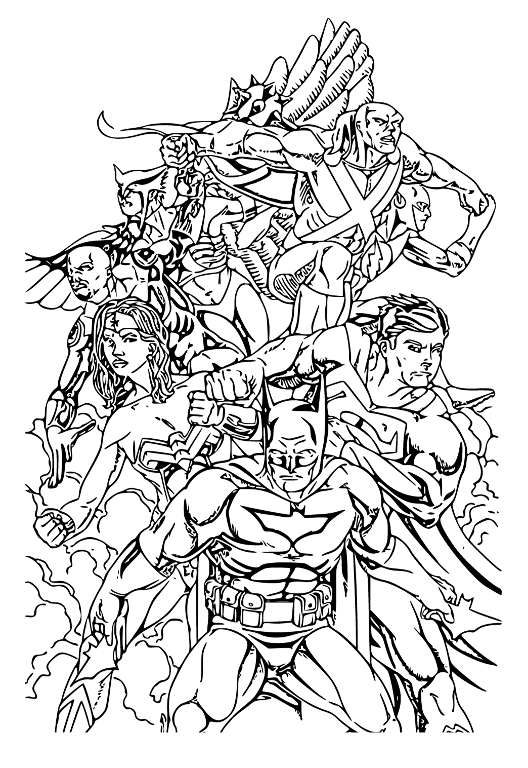 Free printable justice league heroes coloring page for adults and kids