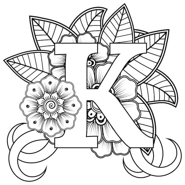 Premium vector letter k with mehndi flower decorative ornament in ethnic oriental style coloring book page