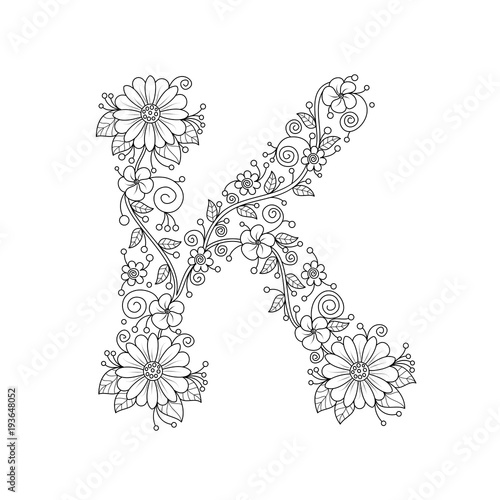 Floral alphabet letter k coloring book for adults vector illustrationhand drawndoodle style vector