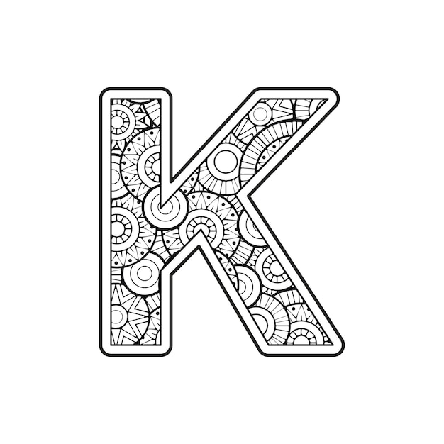 Premium vector vector coloring page for adults contour black and white capital english letter k on a mandala background