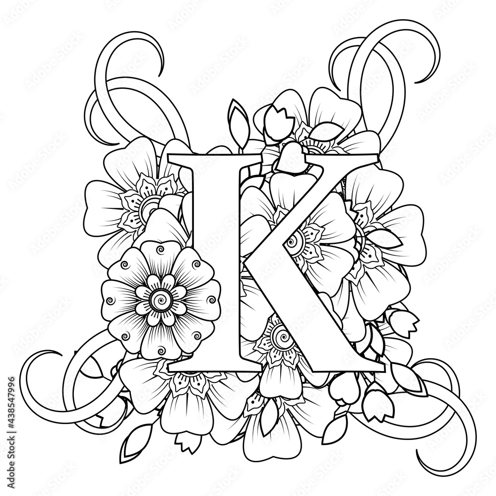 Letter k with mehndi flower decorative ornament in ethnic oriental style coloring book page vector