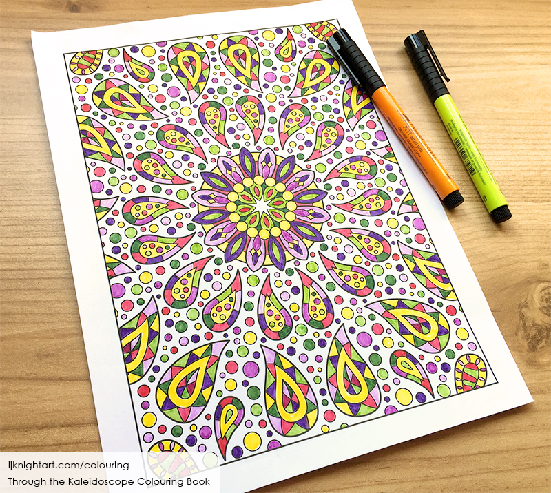 Abstract kaleidoscope colouring page for adults lj knight art