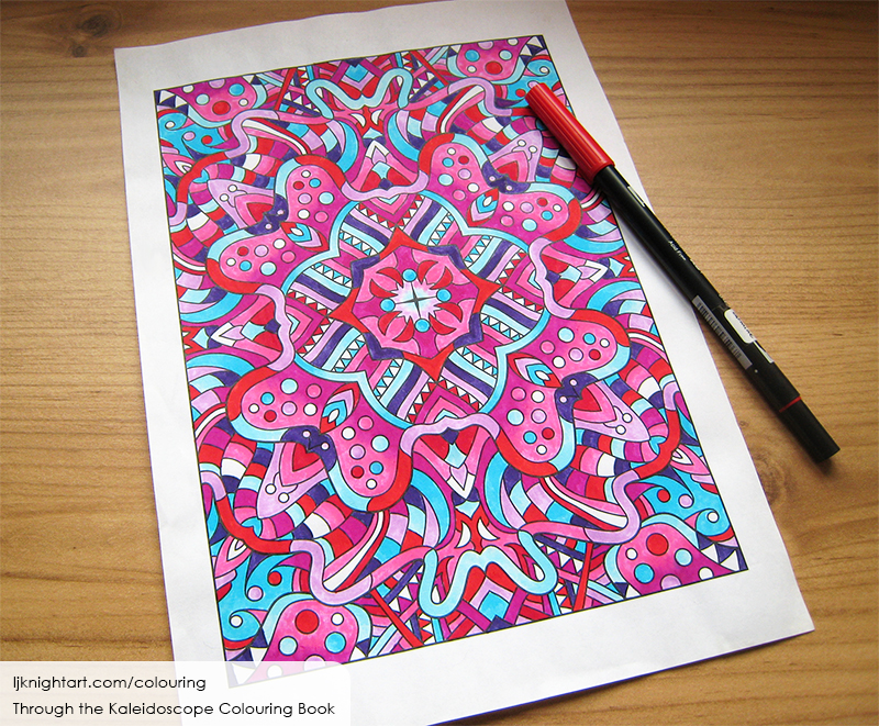 Abstract kaleidoscope colouring page in pink turquoise lj knight art