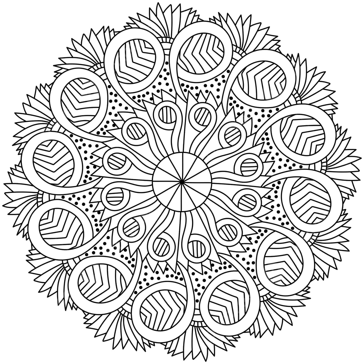 Abstract meditative coloring page mandala with striped circles vector kaleidoscope symmetry ornament png and vector with transparent background for free download