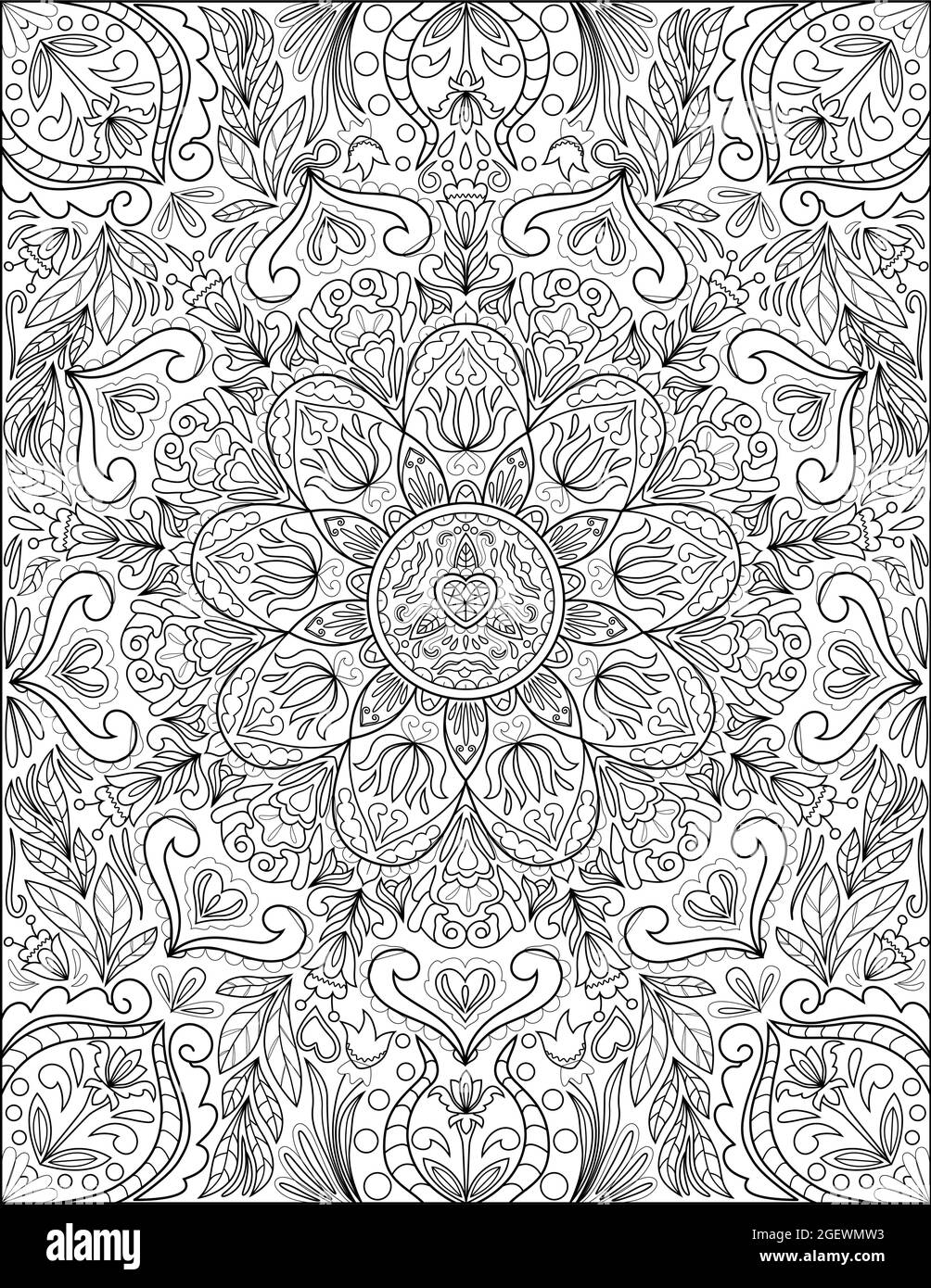 Kaleidoscope symmetrical flowery symbol colorless line drawing geometrically circular equal mandala flower petals coloring book page stock vector image art