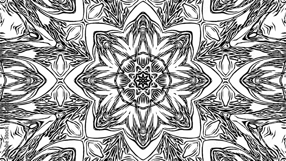 Abstract geometric kaleidoscope pattern hypnotic mandala black and white graphics background coloring page print for phone case gift and wrapping paper pillow and textilefabric illustration