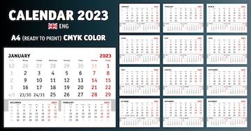 Kalendarz angielski a gotowy do druku kolor cmyk kalendarz åcienny a do druku cmyk premium wektor
