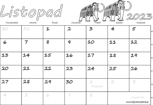 Kalendarz do druku listopad â edukacyjne bajki do czytania