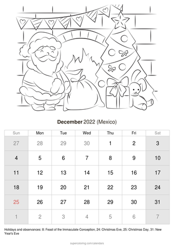 December printable calendar with holidays for mexico coloring calendar printable calendar calendar