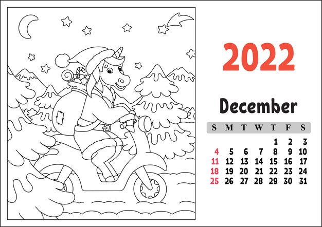 Premium vector calendar for with a cute character fairy unicorn coloring page