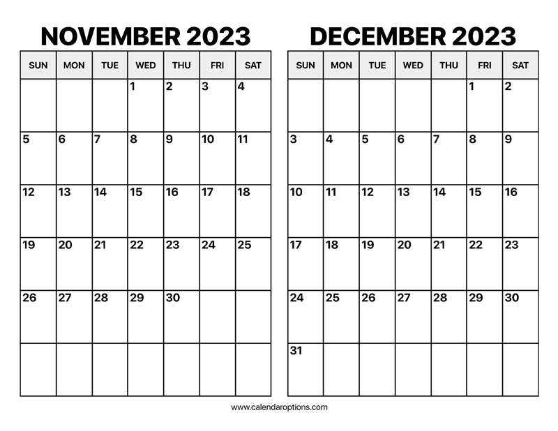 November and december calendar â calendar options