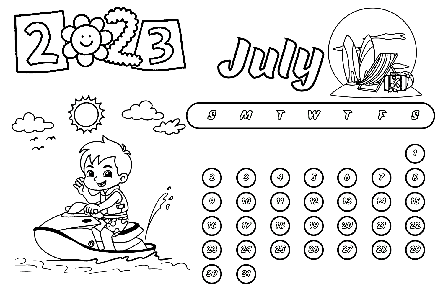 July calendar coloring page