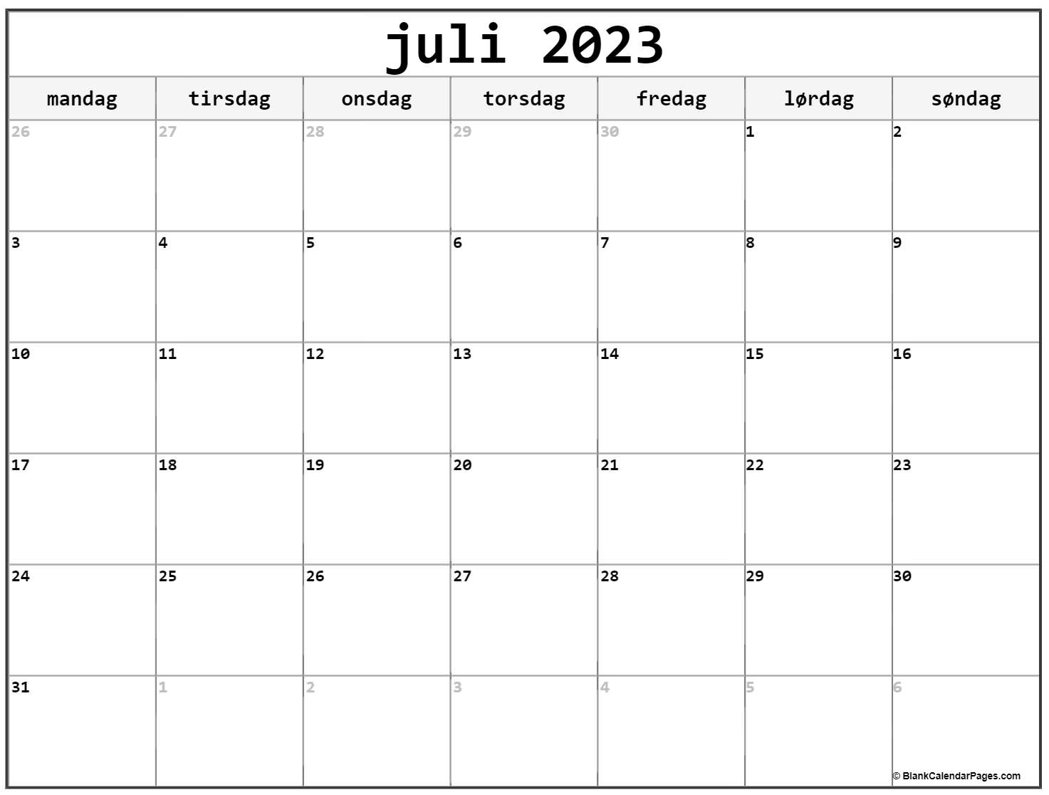 Juli kalender dansk kalender juli