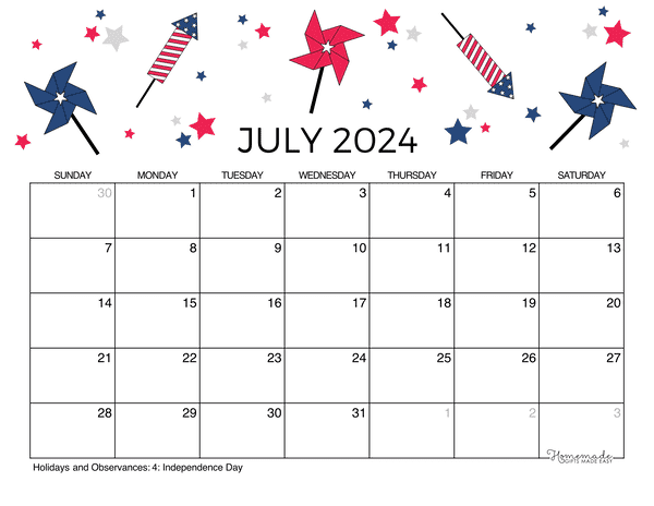 July calendar free printable with holidays