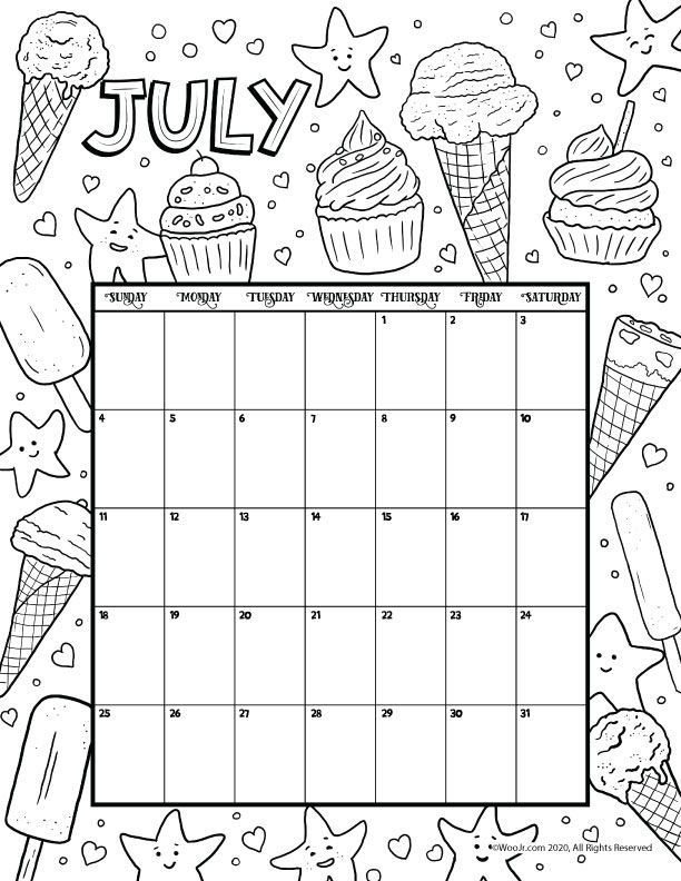 July printable calendar page woo jr kids activities childrens publishing coloring calendar printable calendar pages kids calendar