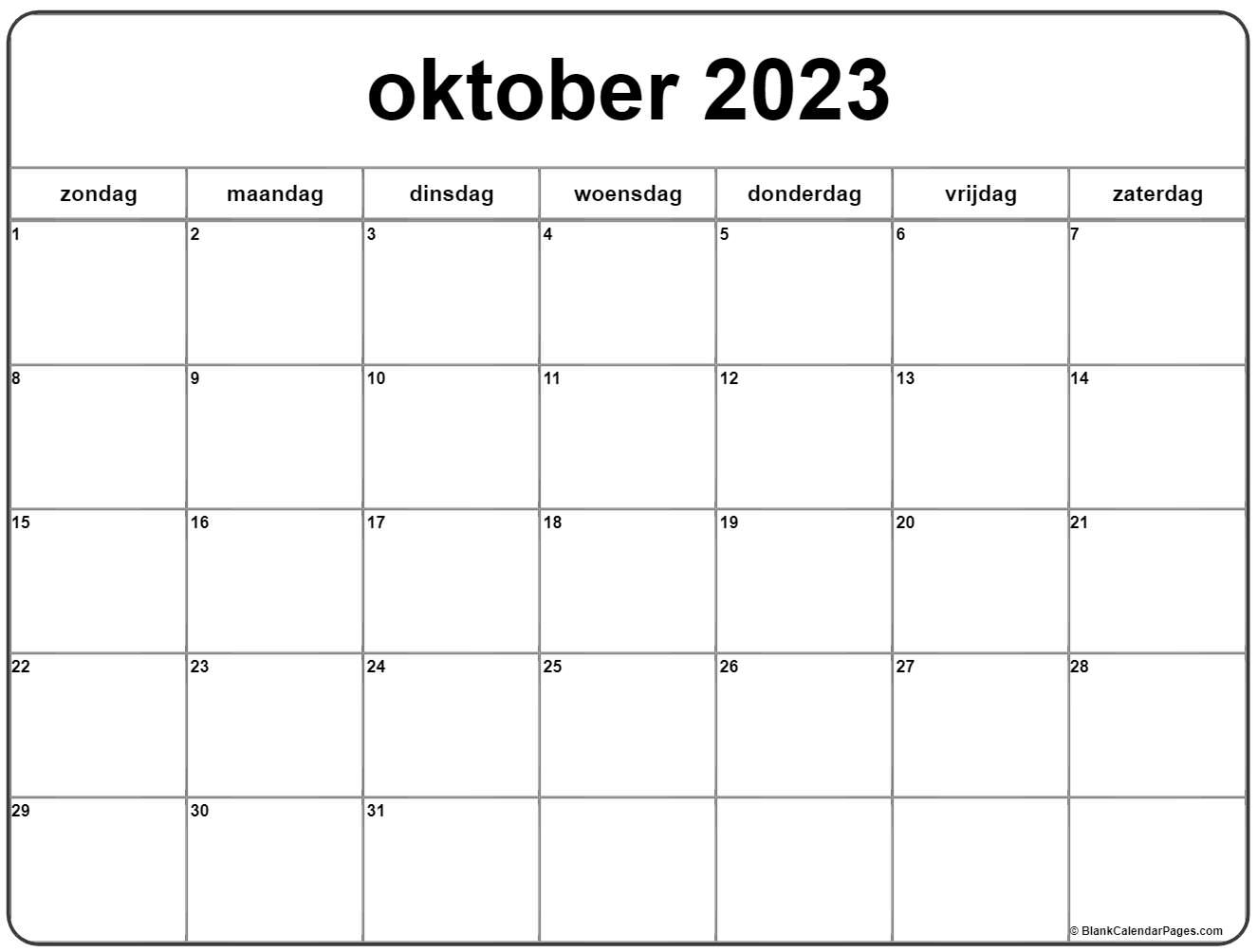 Oktober kalender nederlandse kalender oktober