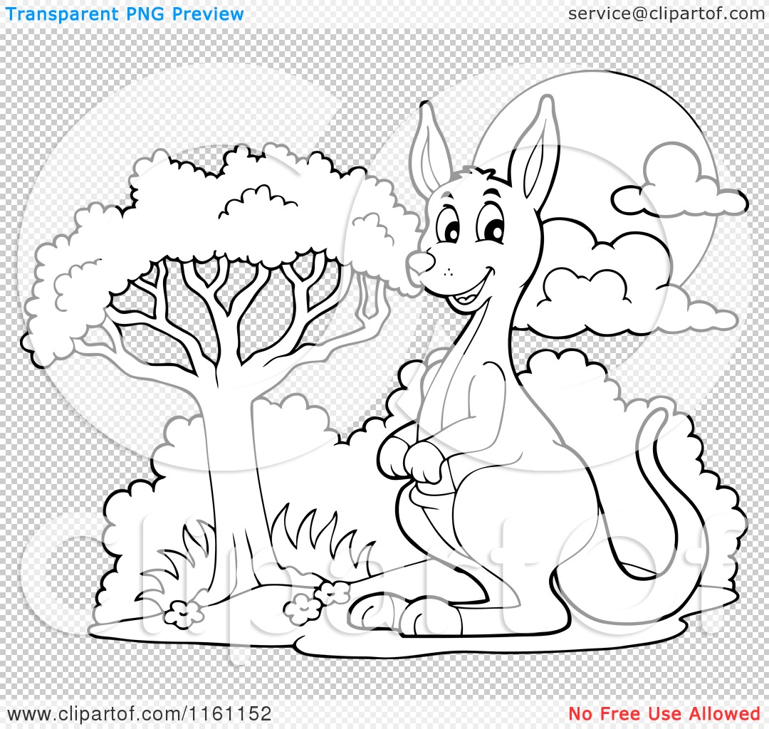 Cartoon of an outlined kangaroo by a tree