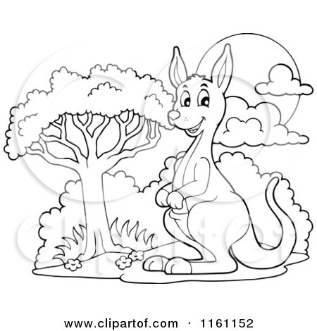 Cartoon of an outlined kangaroo by a tree