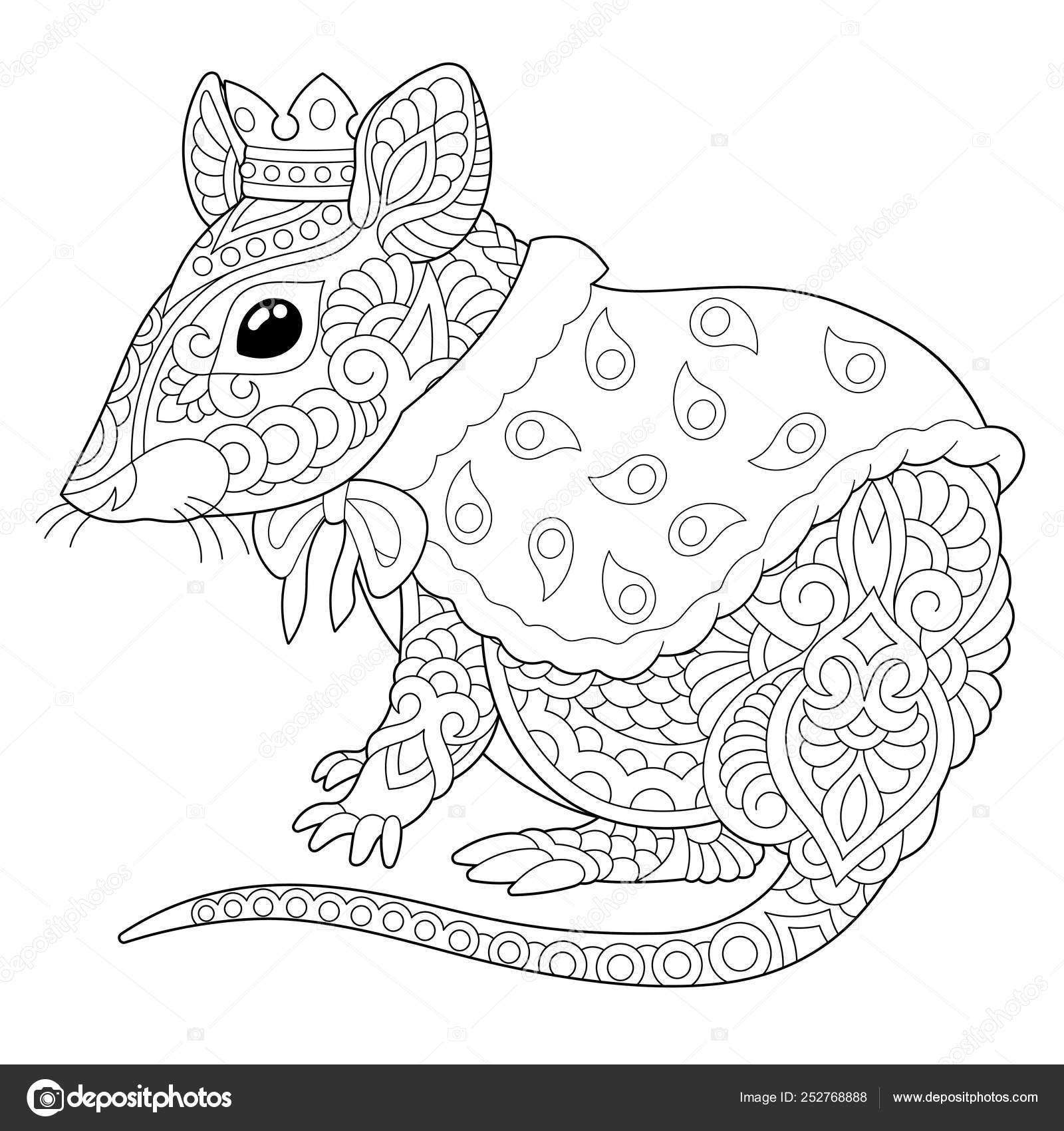 Zentangle mouse rat coloring page stock vector by sybirko