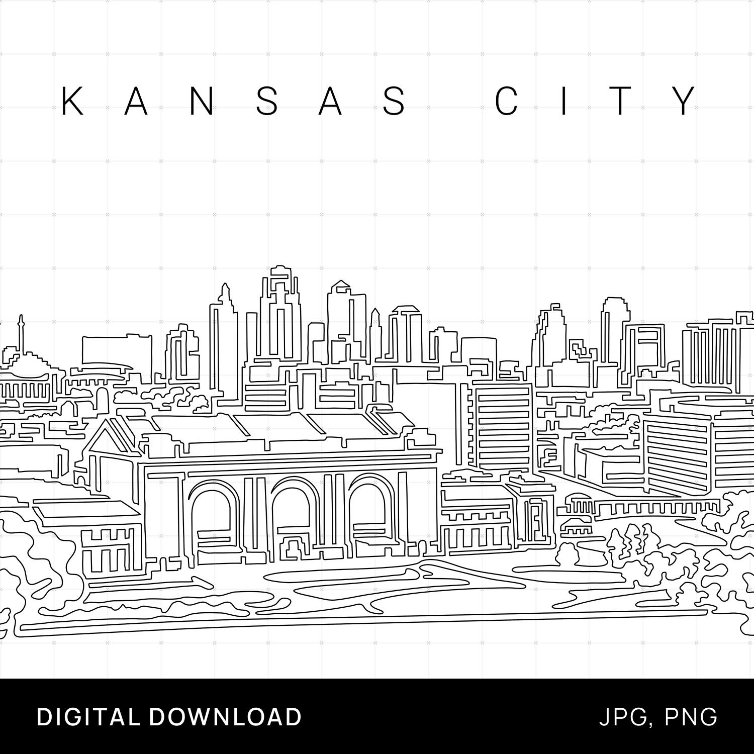 Kansas city skyline printable wall art kansas city digital art print with city one line drawing as instant download