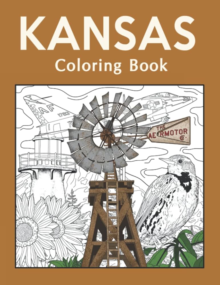 Kansas coloring book adult coloring pages painting on usa states landmarks and iconic stress relief pictures gifts for kansas tourist publishing paperland books