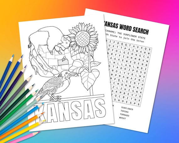 State of kansas usa coloring page word search puzzle fun geography activity for kids educational color in map of the united states