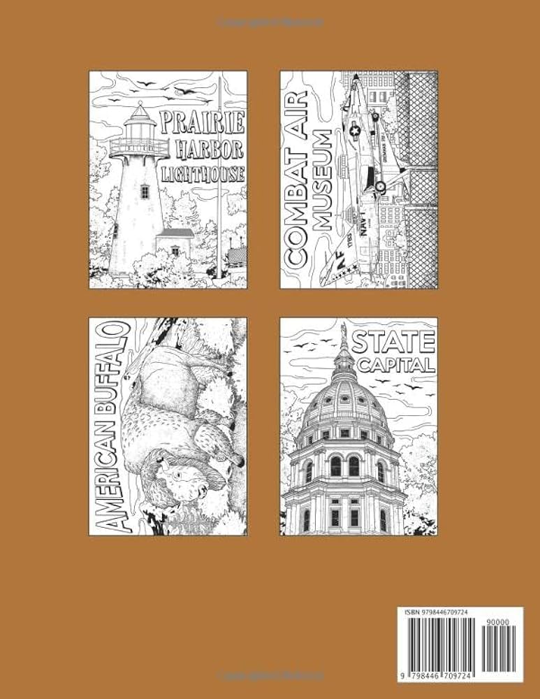 Kansas coloring book adult coloring pages painting on usa states landmarks and iconic stress relief pictures gifts for kansas tourist publishing paperland books