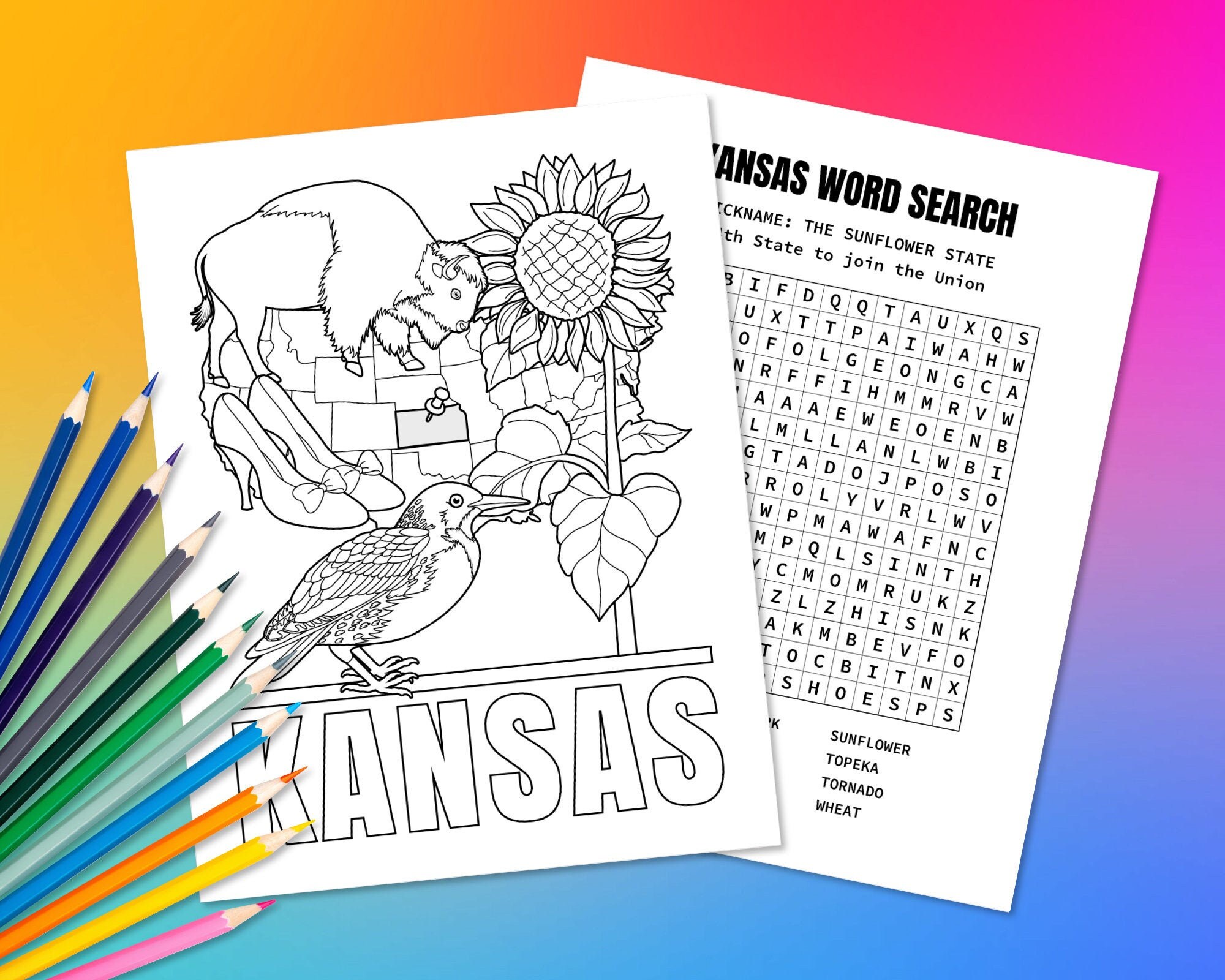 State of kansas usa coloring page word search puzzle fun geography activity for kids educational color in map of the united states