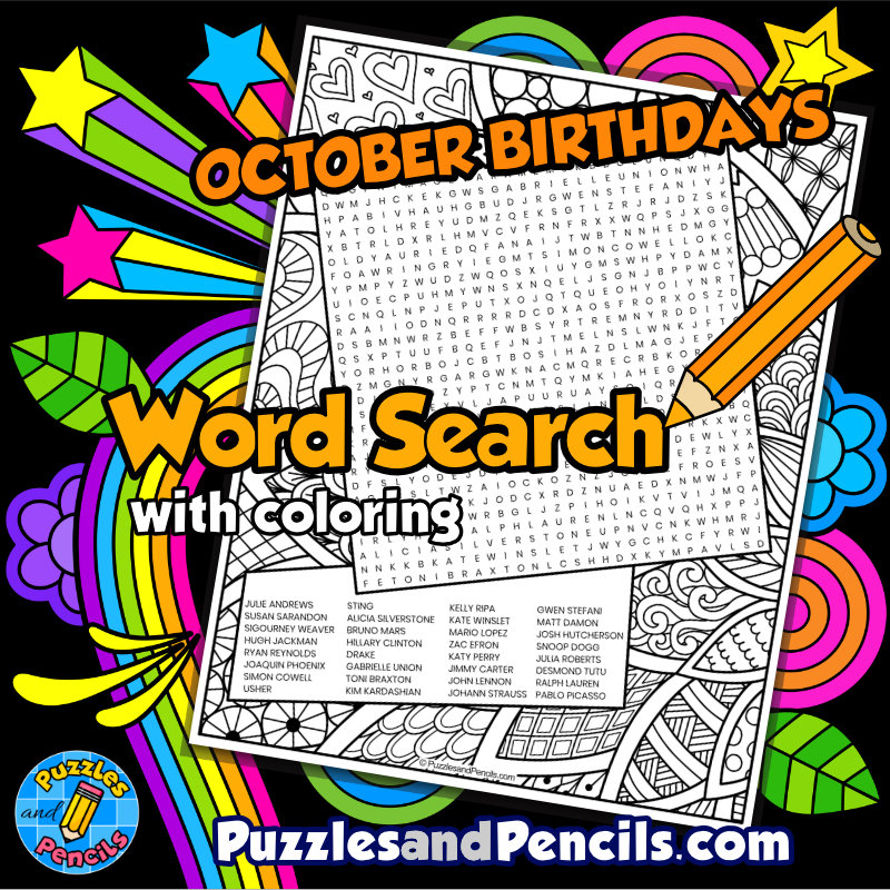 Famous october birthdays word search puzzle with coloring october wordsearch made by teachers