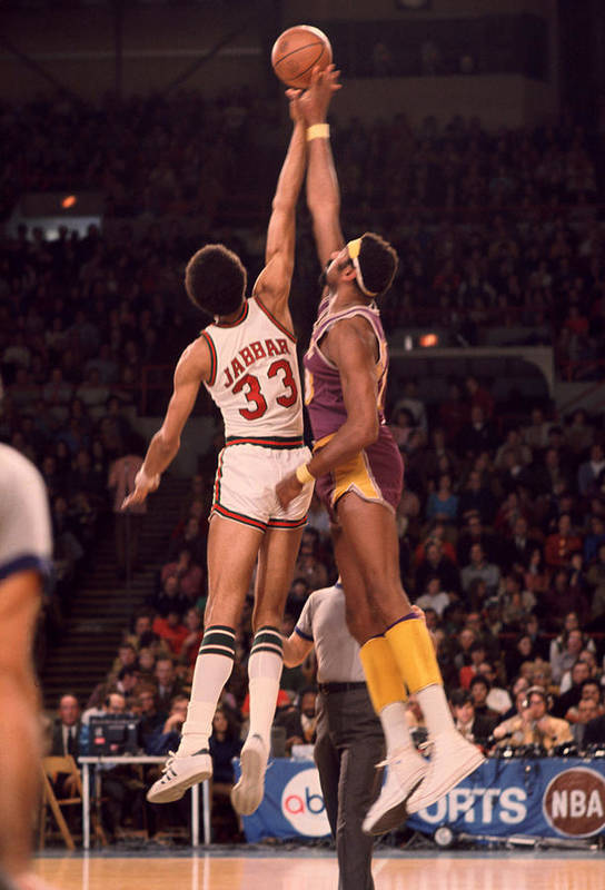 Kareem abdul jabbar vs wilt chamberlain jump ball art print by retro images archive