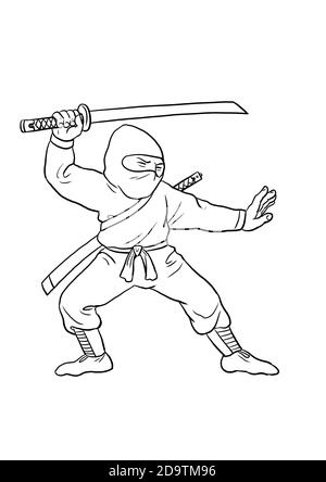 Samurai with japanese sword katana for coloring colouring template for children stock photo