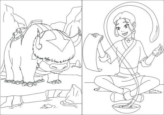 Appa and katara from avatar coloring sheet online cartoon coloring pages coloring pages coloring sheets