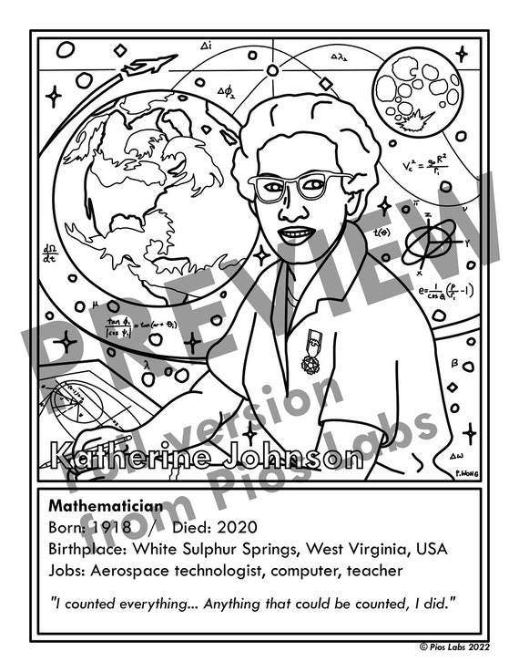 Scientist coloring pageposter bw pdf mathematician katherine johnson nasa aerospace technologist champions of stem series