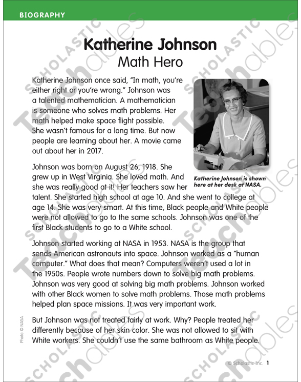 Katherine johnson math hero printable lesson plans and ideas skills sheets