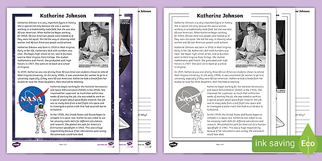 Fifth grade katherine johnson reading mprehension activity