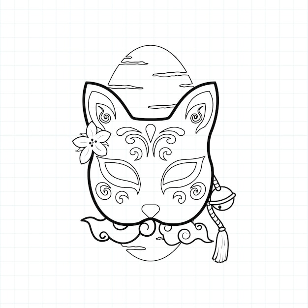 Premium vector japanese kitsune mask coloring page vector illustration