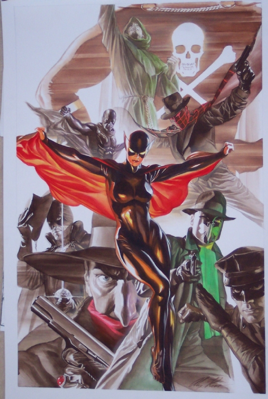 Masks featuring the shadow green hornet and kato zorro the spider miss fury in wayne mousseaus alex ross ic art gallery room