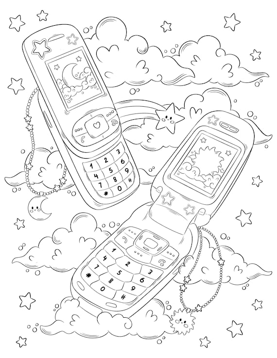 Flip phone kawaii coloring page cute coloring page cute kawaii aesthetic instant download coloring pages