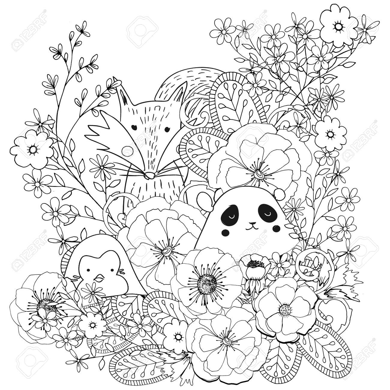 Cute animals in flowers drawing coloring page stock photo picture and royalty free image image