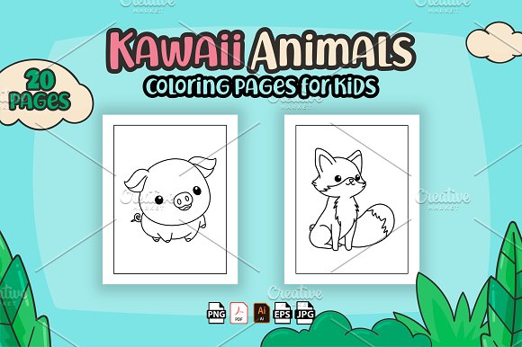 Kawaii animals coloring pages for kids creative market