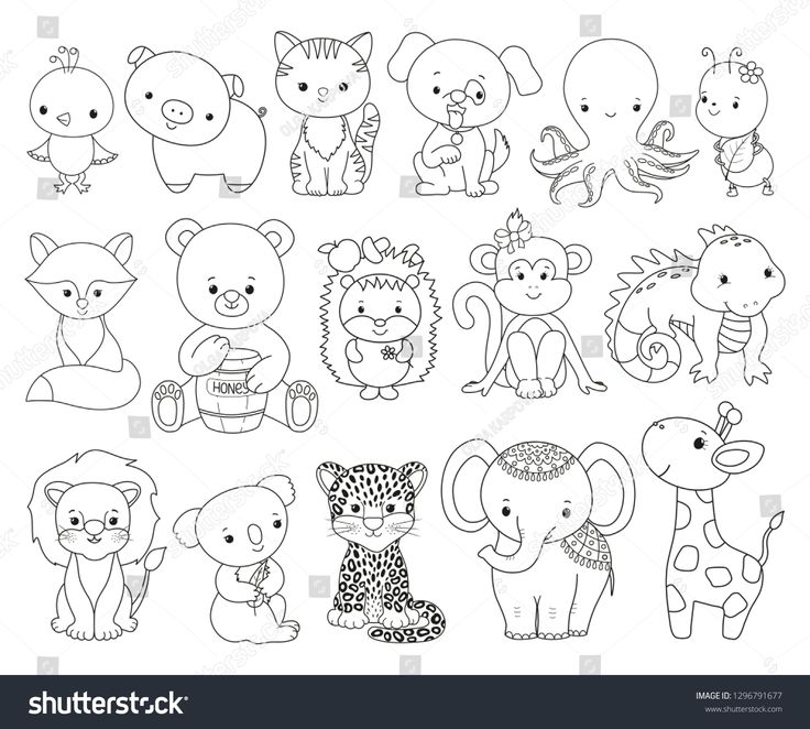 Cute animals line art set cartoon kawaii style coloring book pages childrens textile embroidery kids game funnyâ funny doodles cute coloring pages doodles