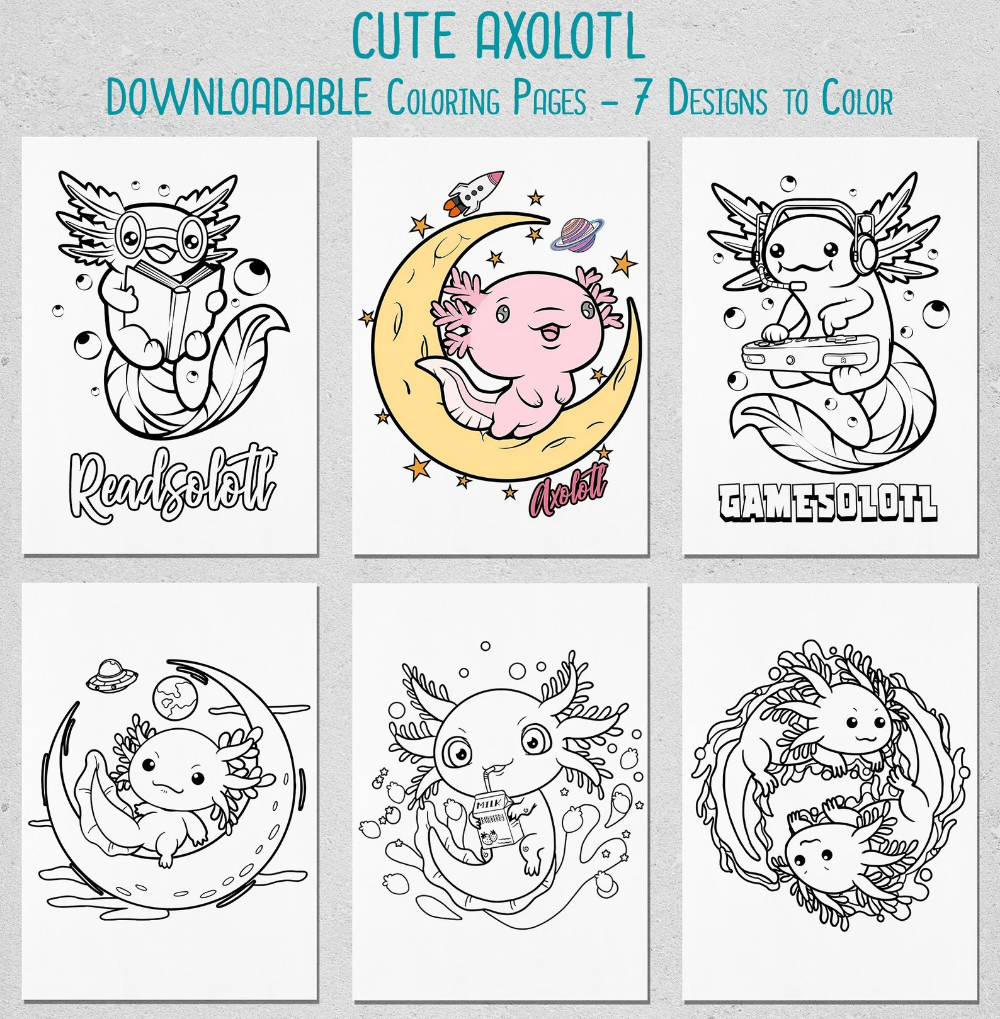 Cute axolotl coloring pages axolotl yinyang bobalotl gamesolotl readsolotl digital download axolotls kawaii kids printable pdf instant download