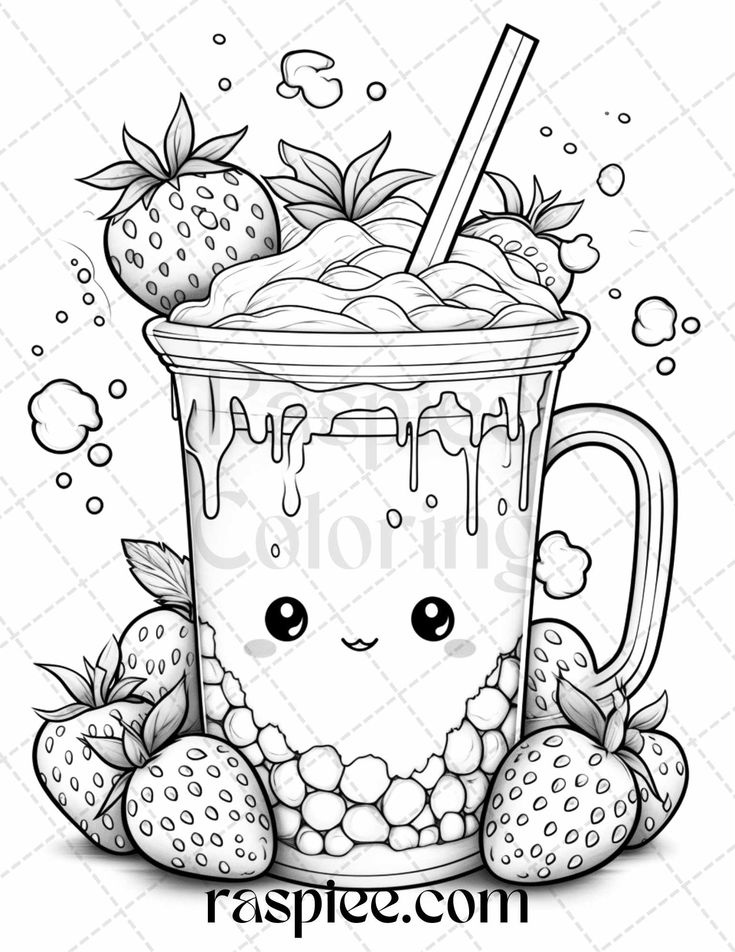 Cute kawaii boba tea grayscale coloring pages for adults and kids coloring book art cute coloring pages grayscale coloring