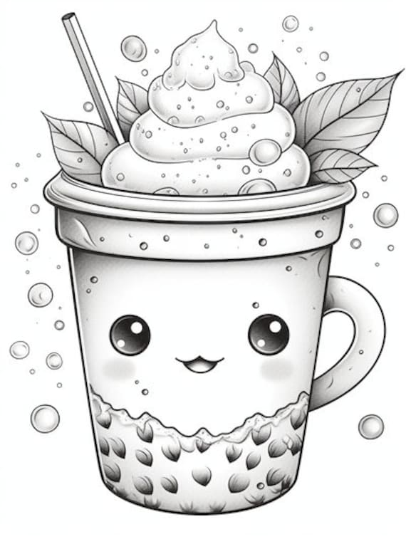 Cute kawaii boba tea coloring book for adults and kids grayscale coloring pages instant download printable pdf file instant download