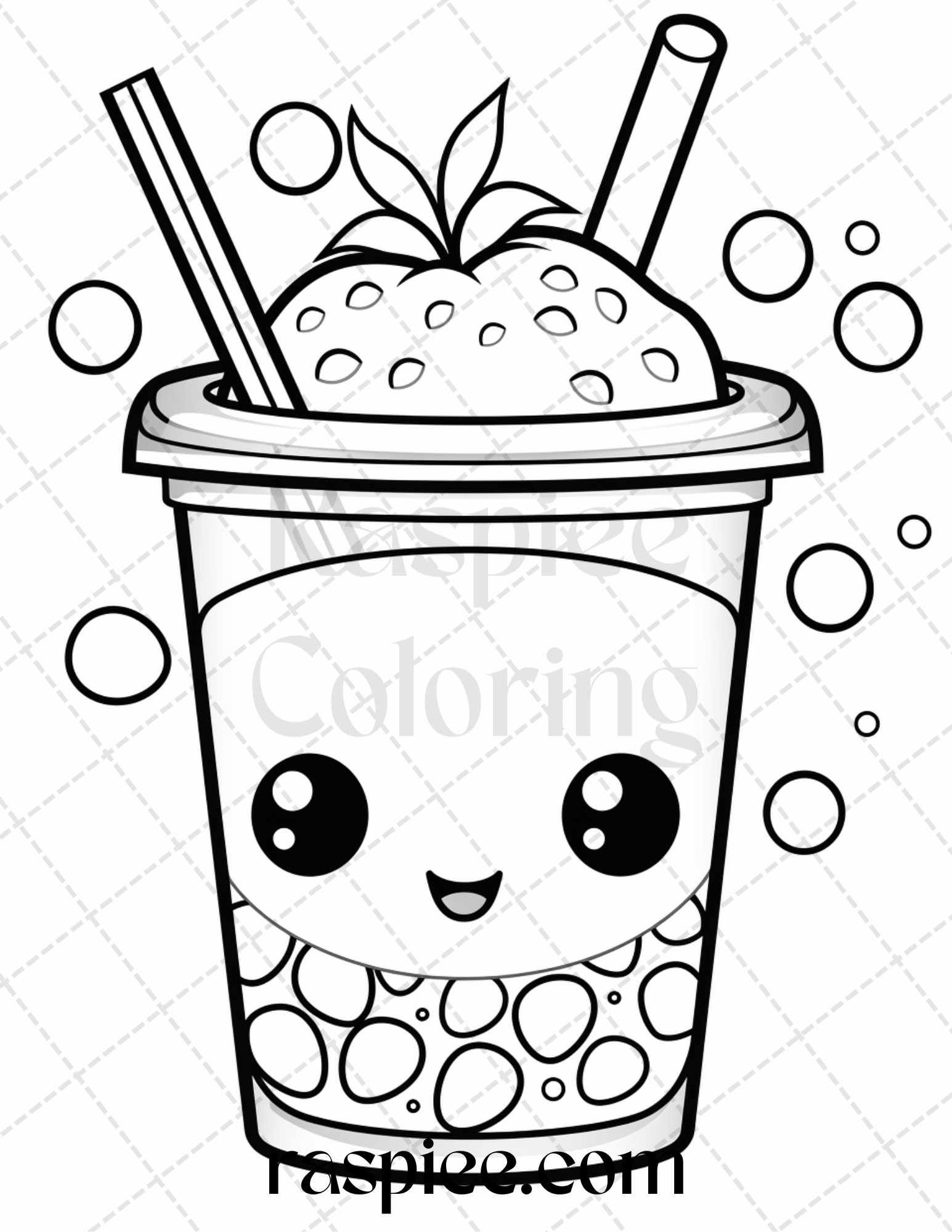 Cute kawaii boba tea grayscale coloring pag for adults and kids grayscale coloring coloring pag printable adult coloring pag