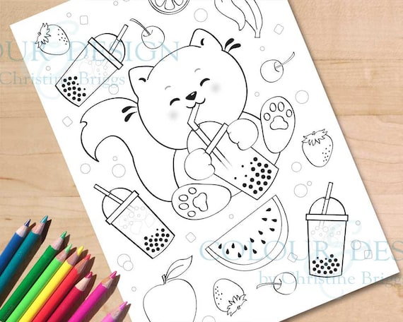 Printable kawaii cat bubble tea coloring page cute kitten boba and fruit activity sheet for kids and adults a and us letter