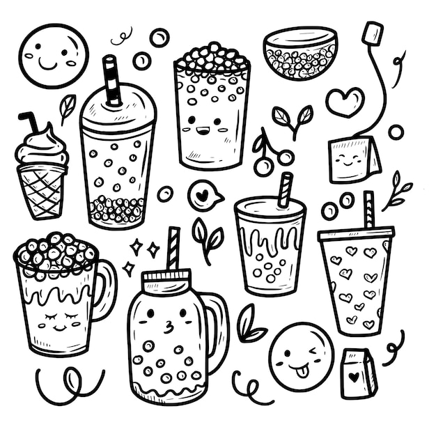 Premium vector bubble drink or boba in kawaii cartoon drawing style